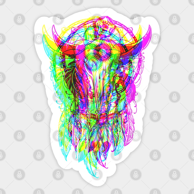 Bull Skull Dreamcatcher - Psychedelic Neon Colored Sticker by EDDArt